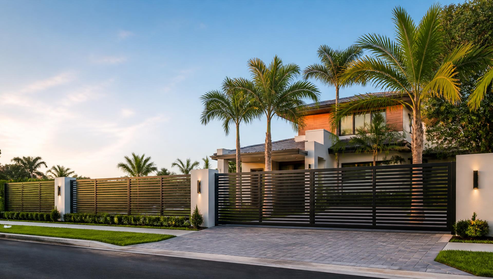 Modern black horizontal-slat aluminum fence and driveway gate at a Miami home